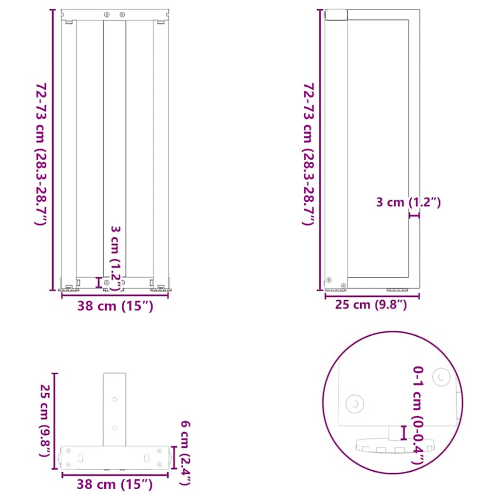 vidaXL Console Table Legs T-Shaped 2 pcs Black 38x25x(72-73) cm Steel