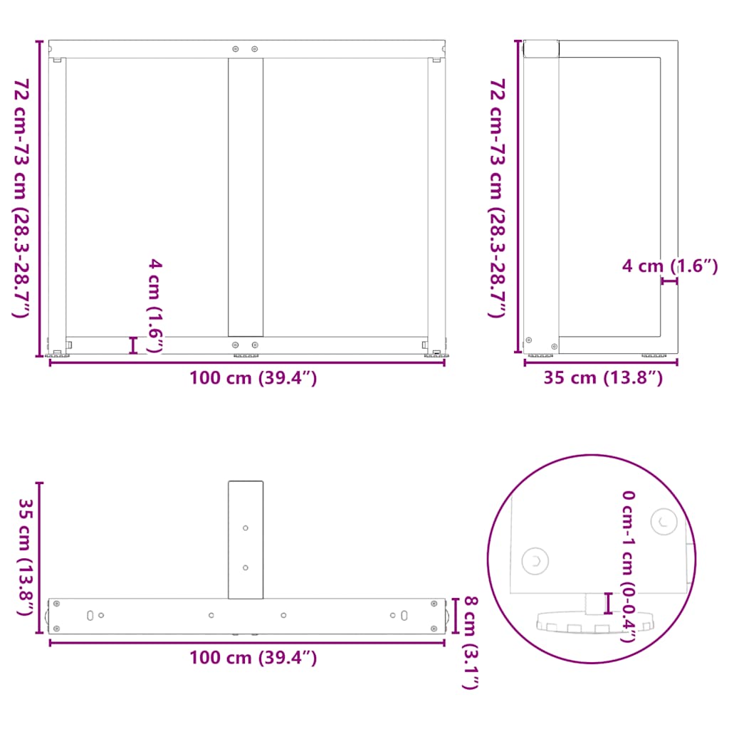 vidaXL Dining Table Legs T-Shaped 2 pcs Black 100x35x(72-73) cm Steel