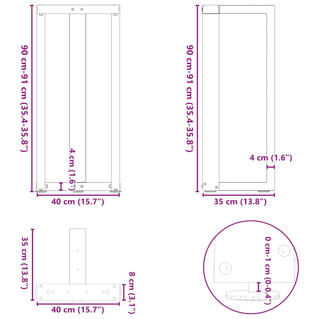 vidaXL Bar Table Legs T-Shaped 2 pcs Black 40x35x(90-91) cm Steel