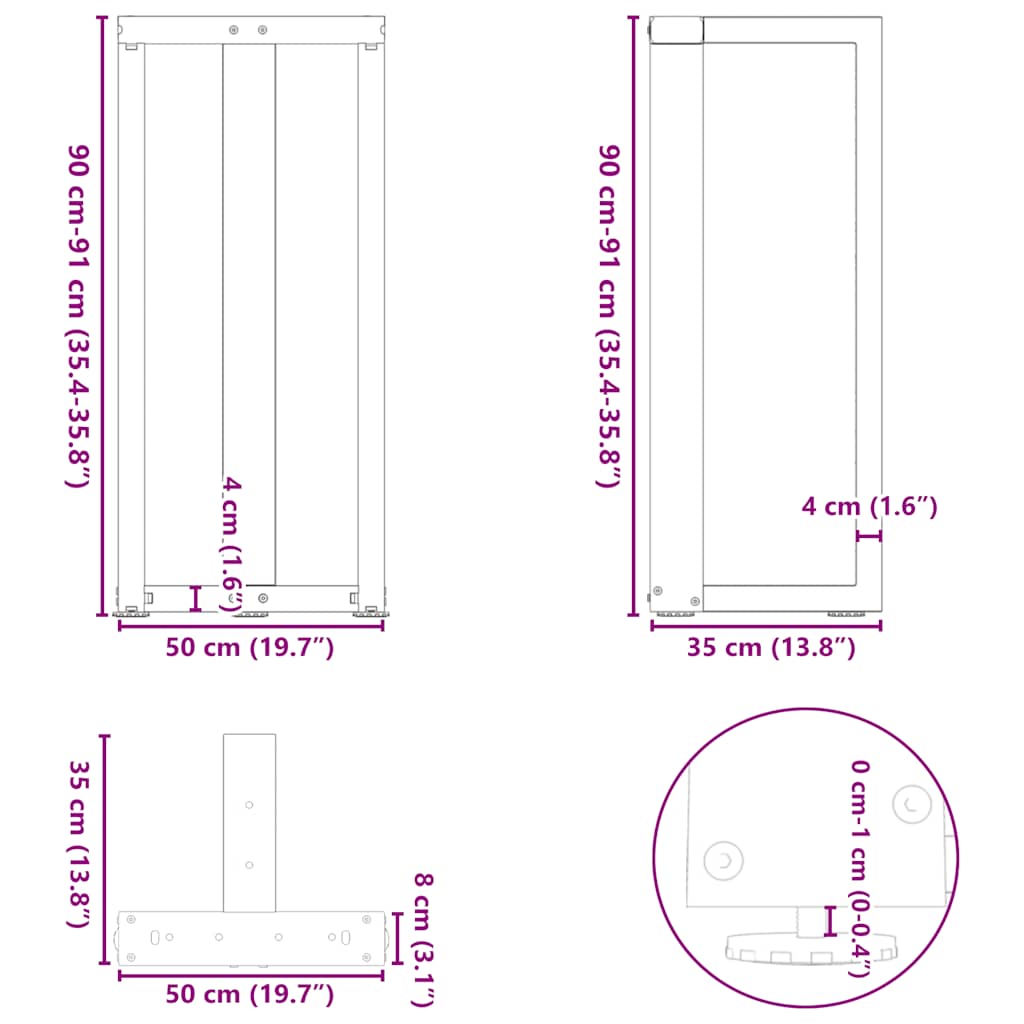 vidaXL Bar Table Legs T-Shaped 2 pcs Natural Steel 50x35x(90-91) cm Steel