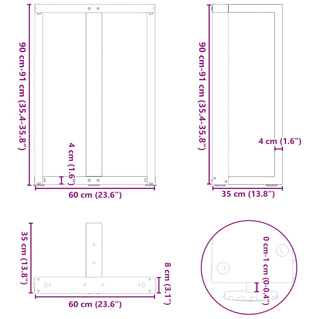 vidaXL Bar Table Legs T-Shaped 2 pcs Natural Steel 60x35x(90-91) cm Steel