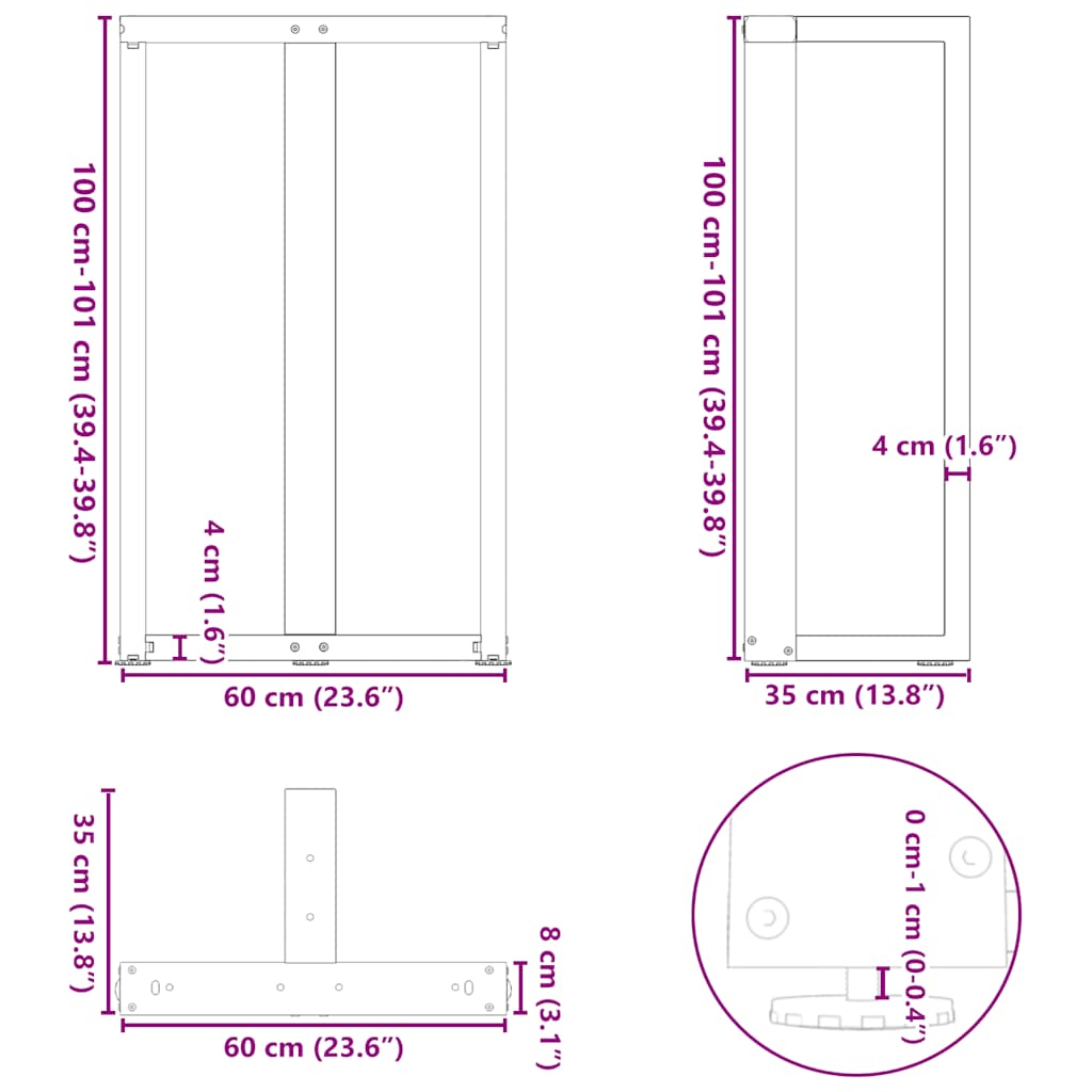 vidaXL Bar Table Legs T-Shaped 2 pcs Natural Steel 60x35x(100-101) cm Steel