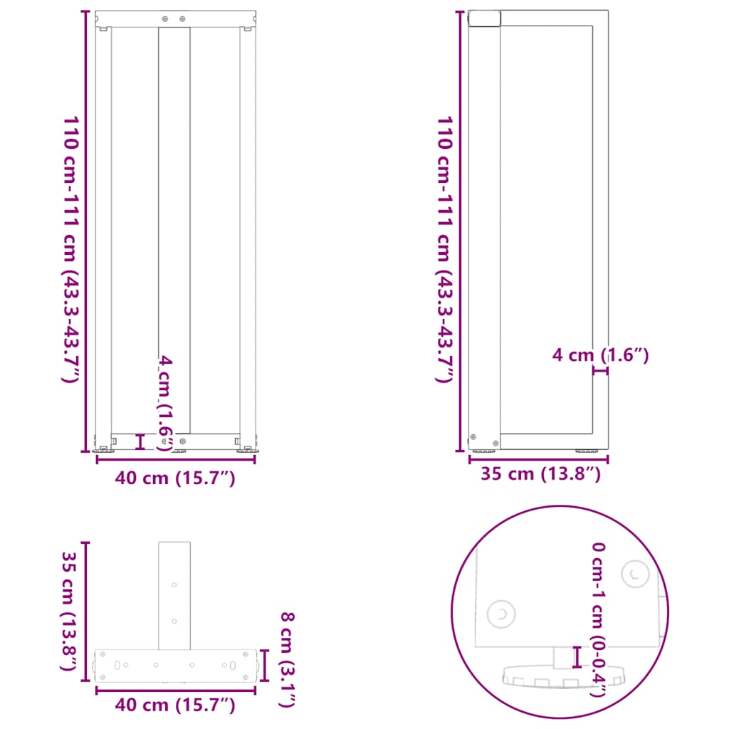 vidaXL Bar Table Legs T-Shaped 2 pcs Black 40x35x(110-111) cm Steel