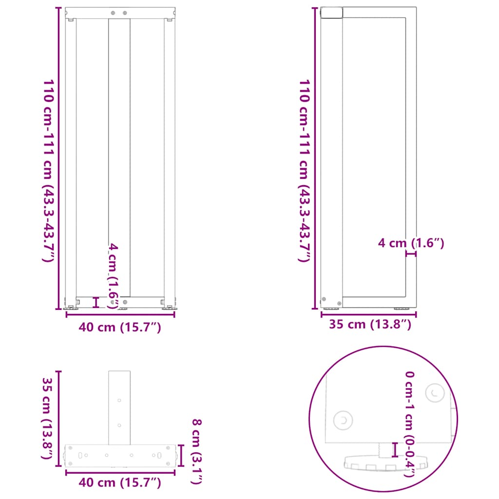 vidaXL Bar Table Legs T-Shaped 2 pcs White 40x35x(110-111) cm Steel