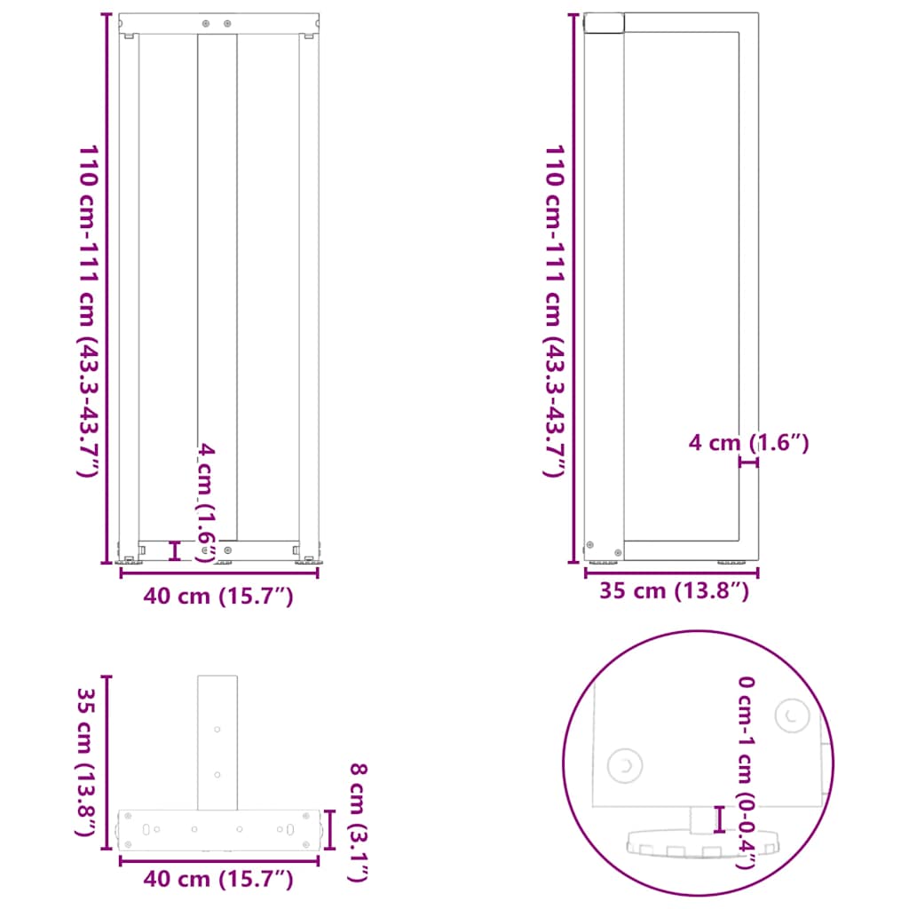 vidaXL Bar Table Legs T-Shaped 2 pcs Natural Steel 40x35x(110-111) cm Steel