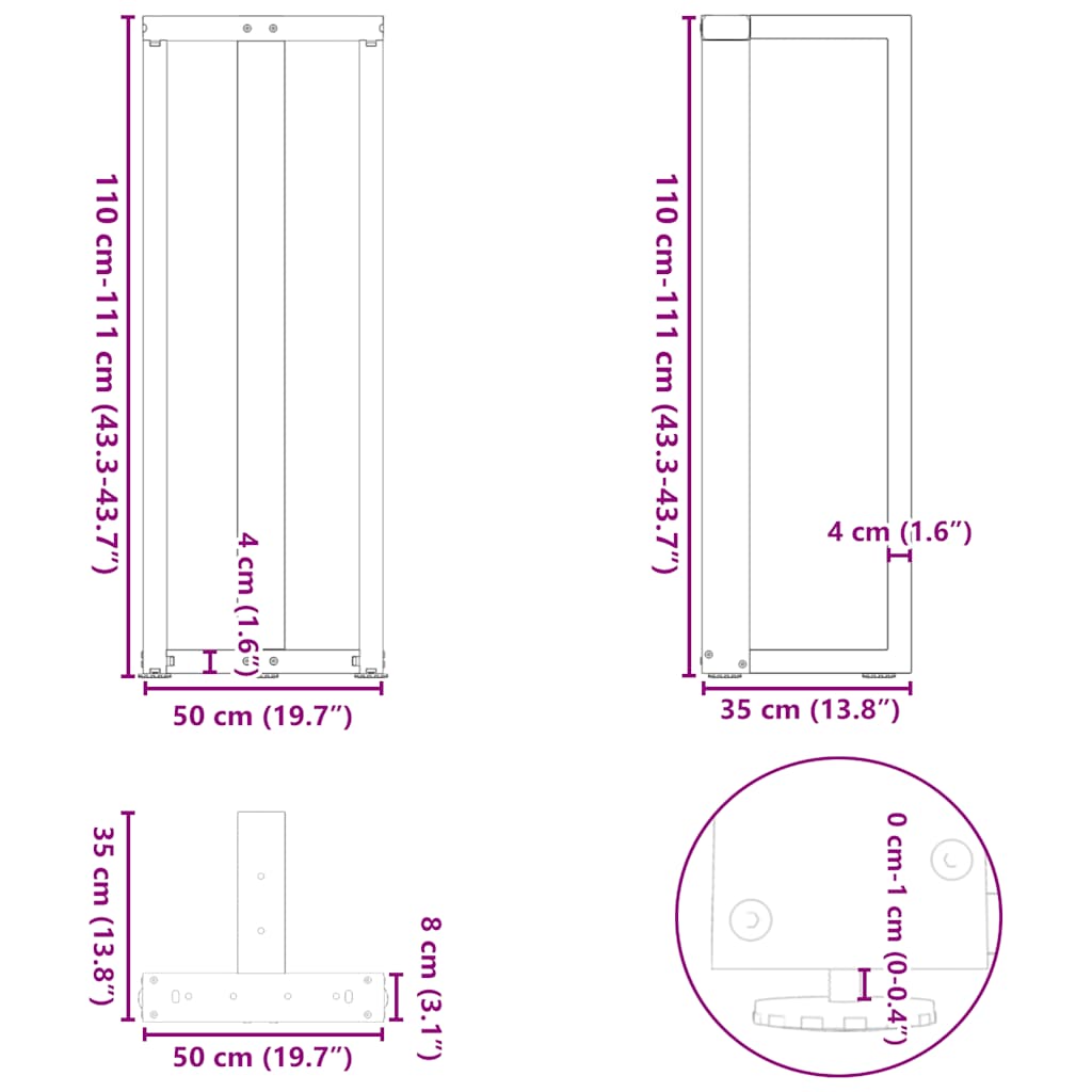 vidaXL Bar Table Legs T-Shaped 2 pcs Black 50x35x(110-111) cm Steel
