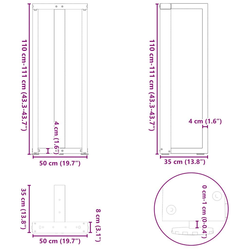 vidaXL Bar Table Legs T-Shaped 2 pcs Natural Steel 50x35x(110-111) cm Steel