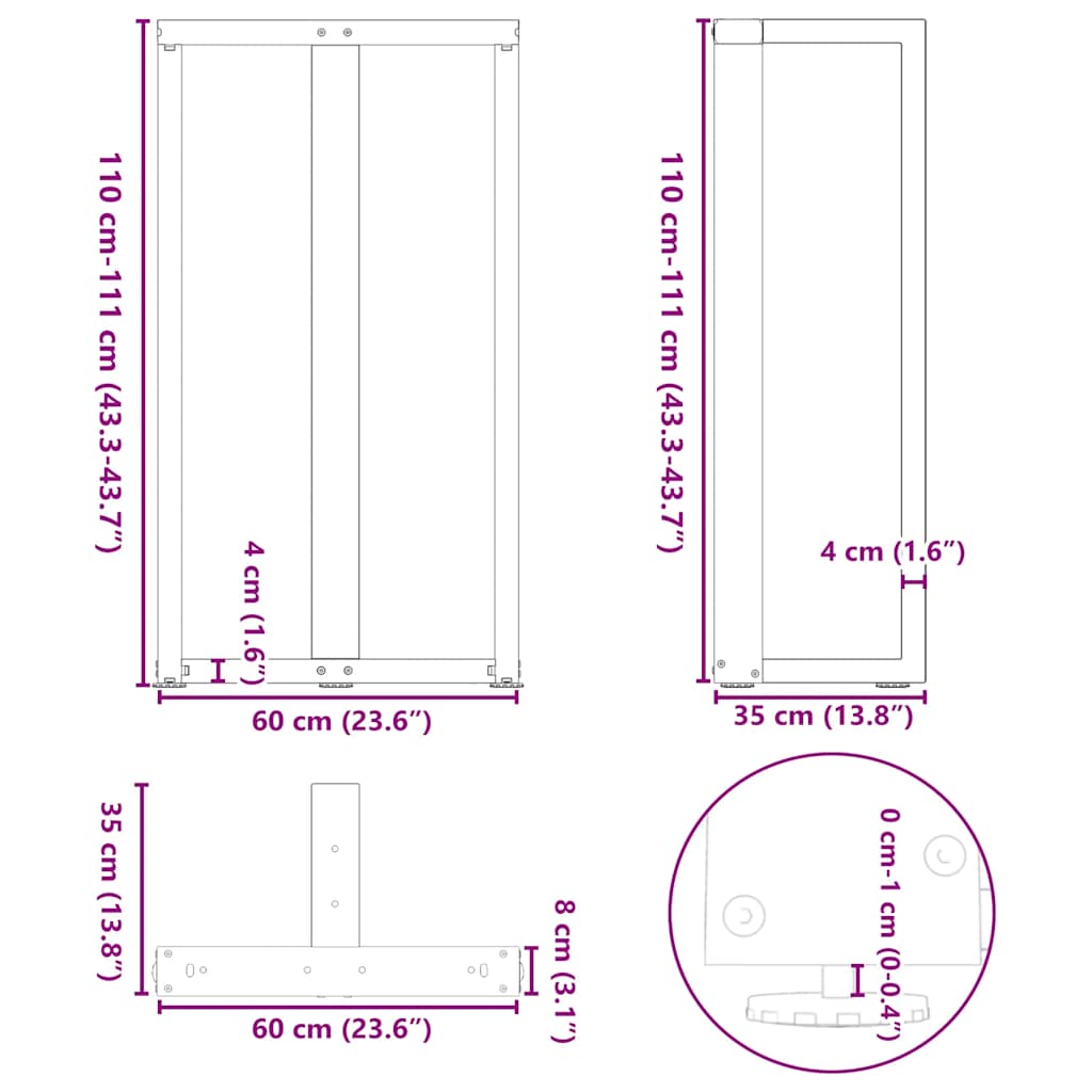vidaXL Bar Table Legs T-Shaped 2 pcs Black 60x35x(110-111) cm Steel