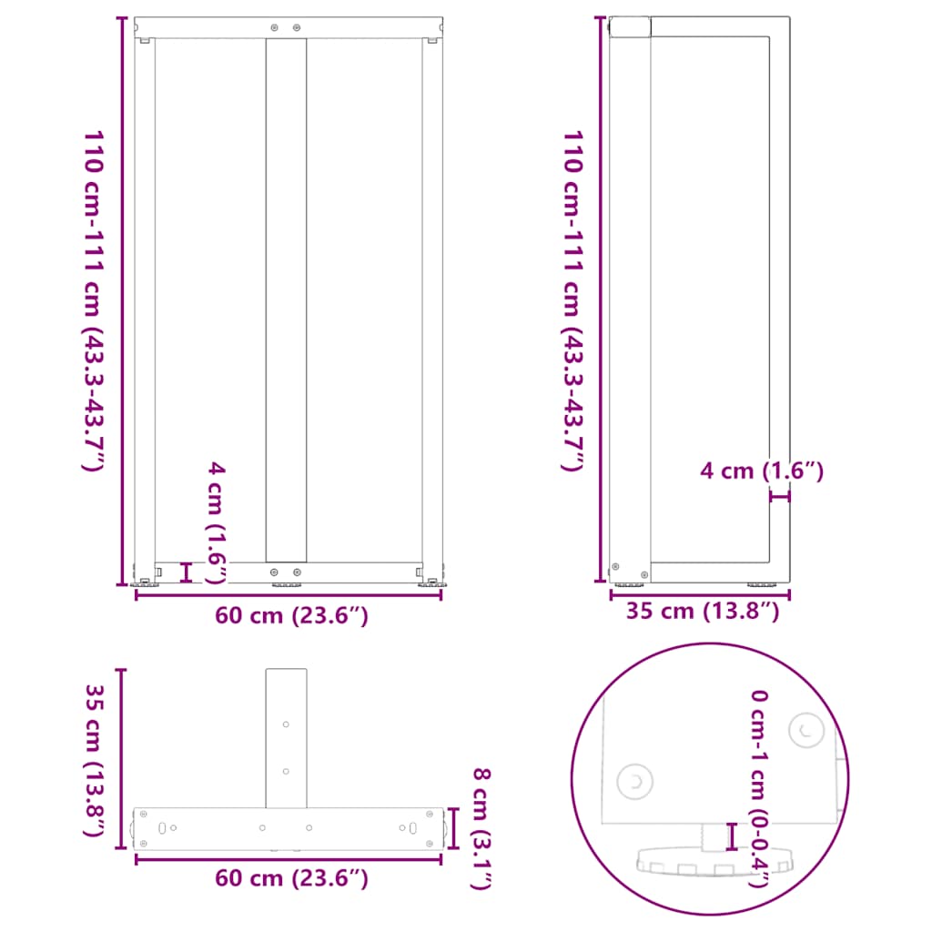 vidaXL Bar Table Legs T-Shaped 2 pcs Natural Steel 60x35x(110-111) cm Steel