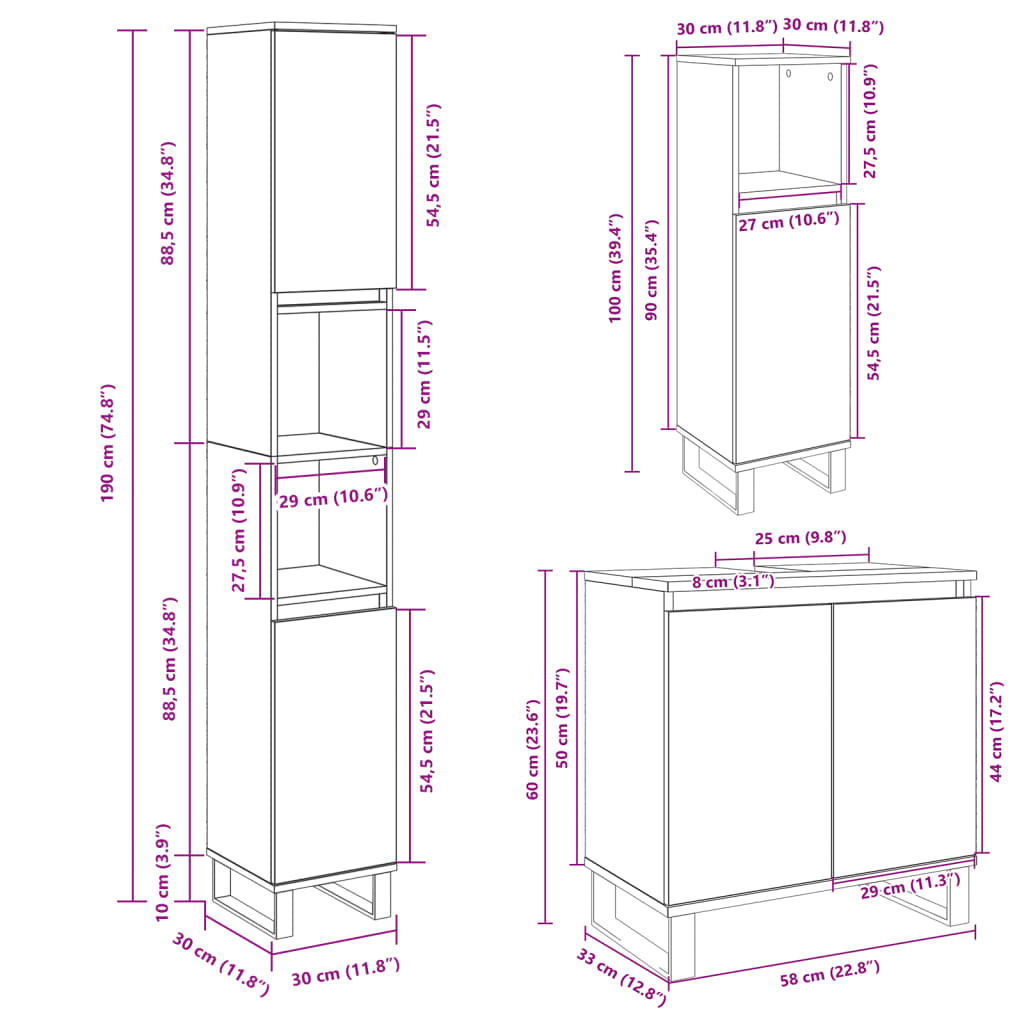 vidaXL 3 Piece Bathroom Furniture Set Sonoma Oak Engineered Wood