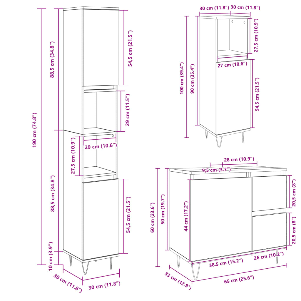 vidaXL 3 Piece Bathroom Furniture Set Sonoma Oak Engineered Wood