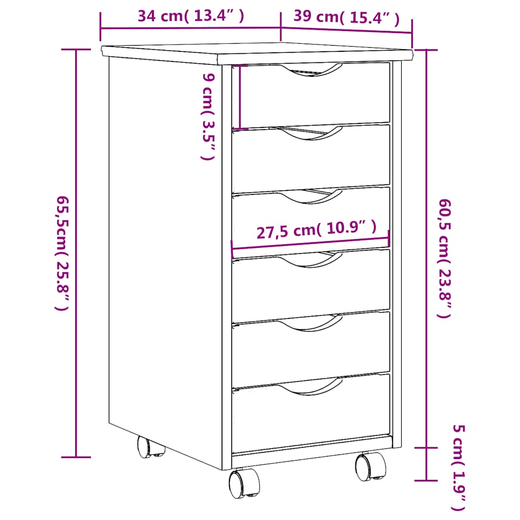 vidaXL Rolling Cabinet with Drawers "MOSS" Black Solid Wood Pine