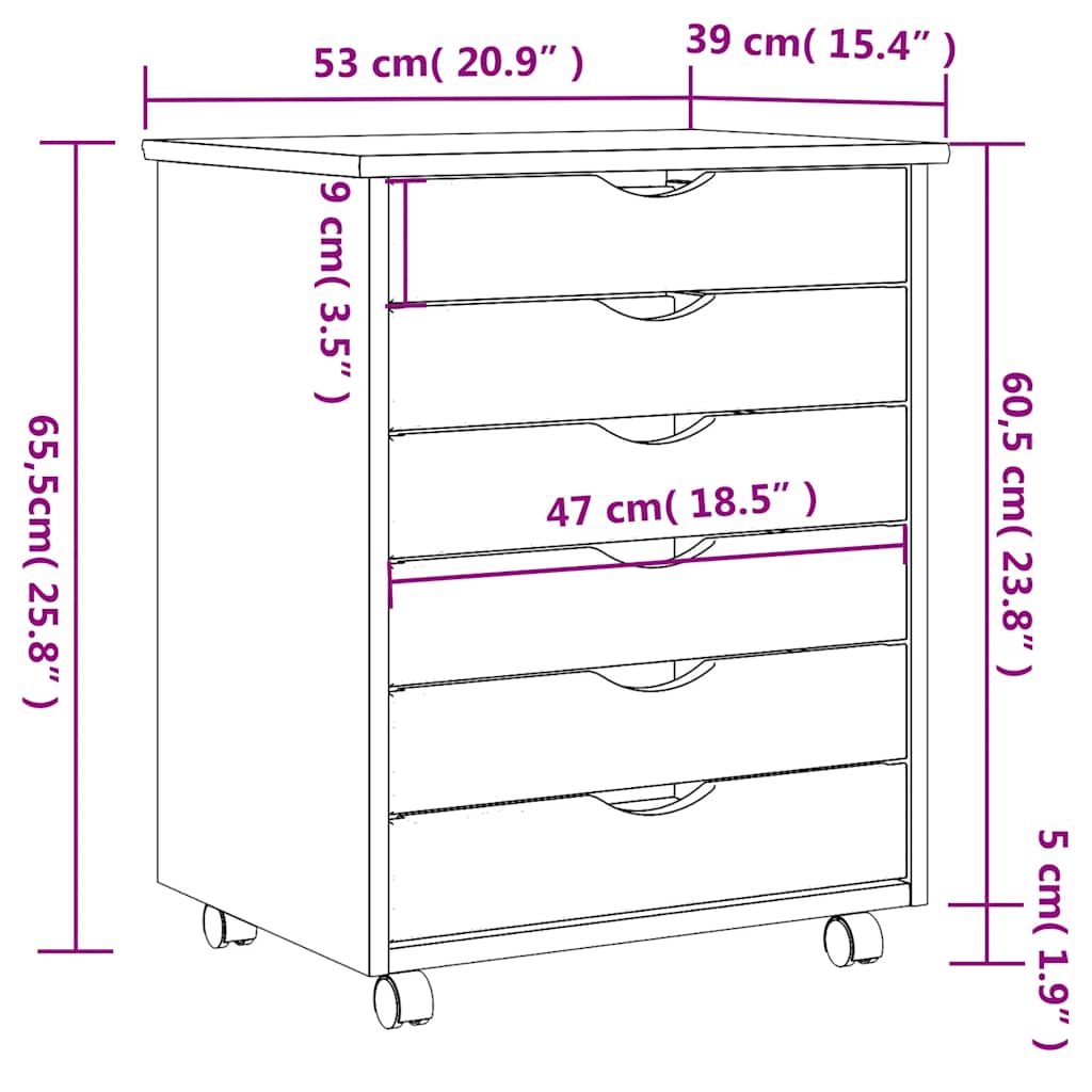 vidaXL Rolling Cabinet with Drawers "MOSS" Honey Brown Solid Wood Pine