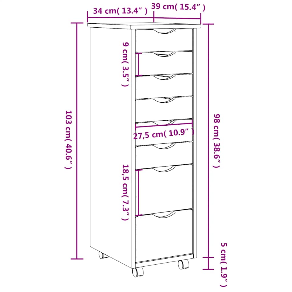 vidaXL Rolling Cabinet with Drawers "MOSS" Black Solid Wood Pine