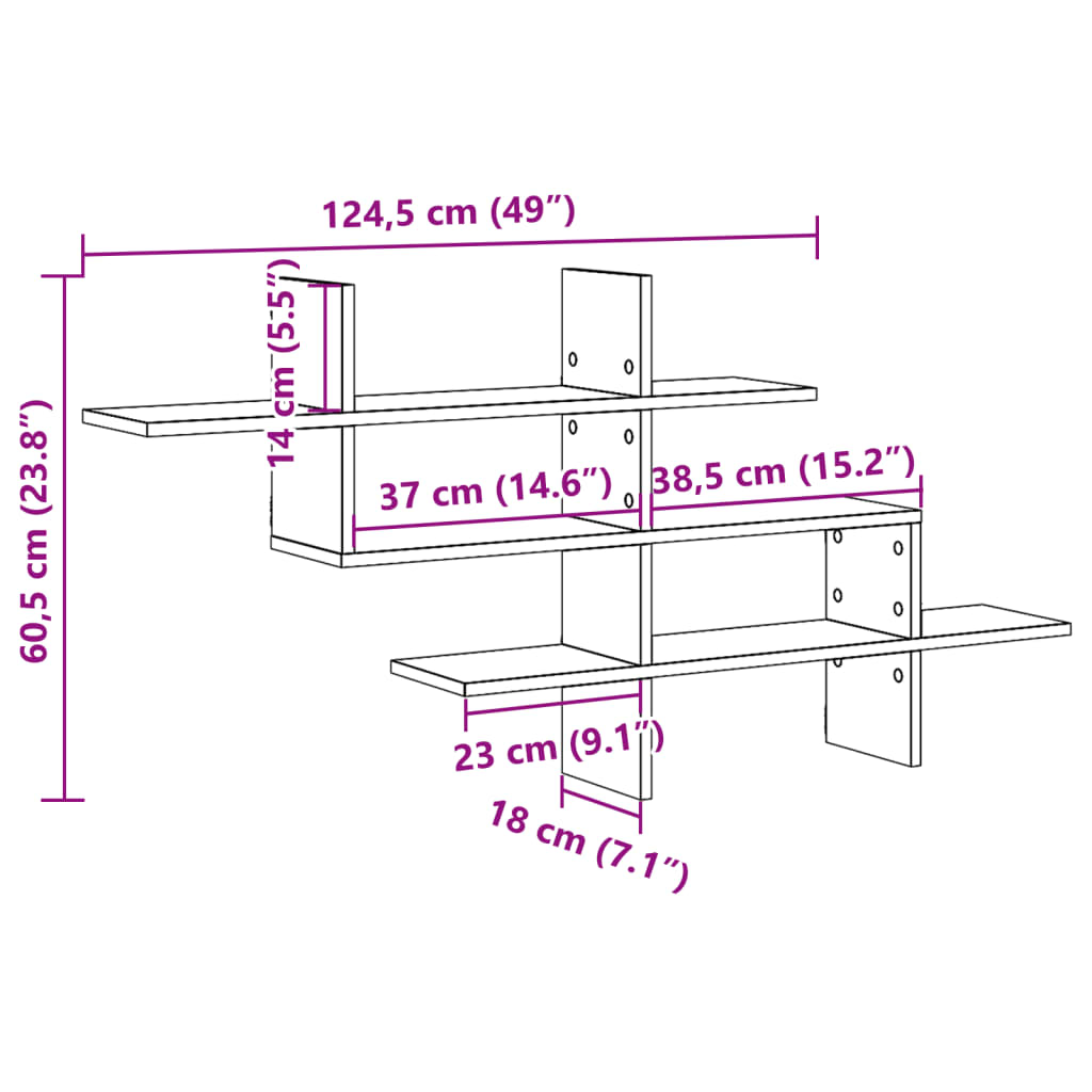 vidaXL Wall Shelf Grey Sonoma 124,5x18x60,5 cm Engineered Wood