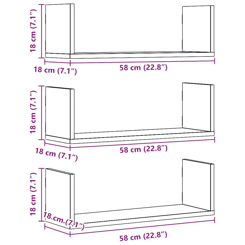 vidaXL Wall Shelves 3 pcs Artisian Oak 58x18x18 cm Engineered Wood