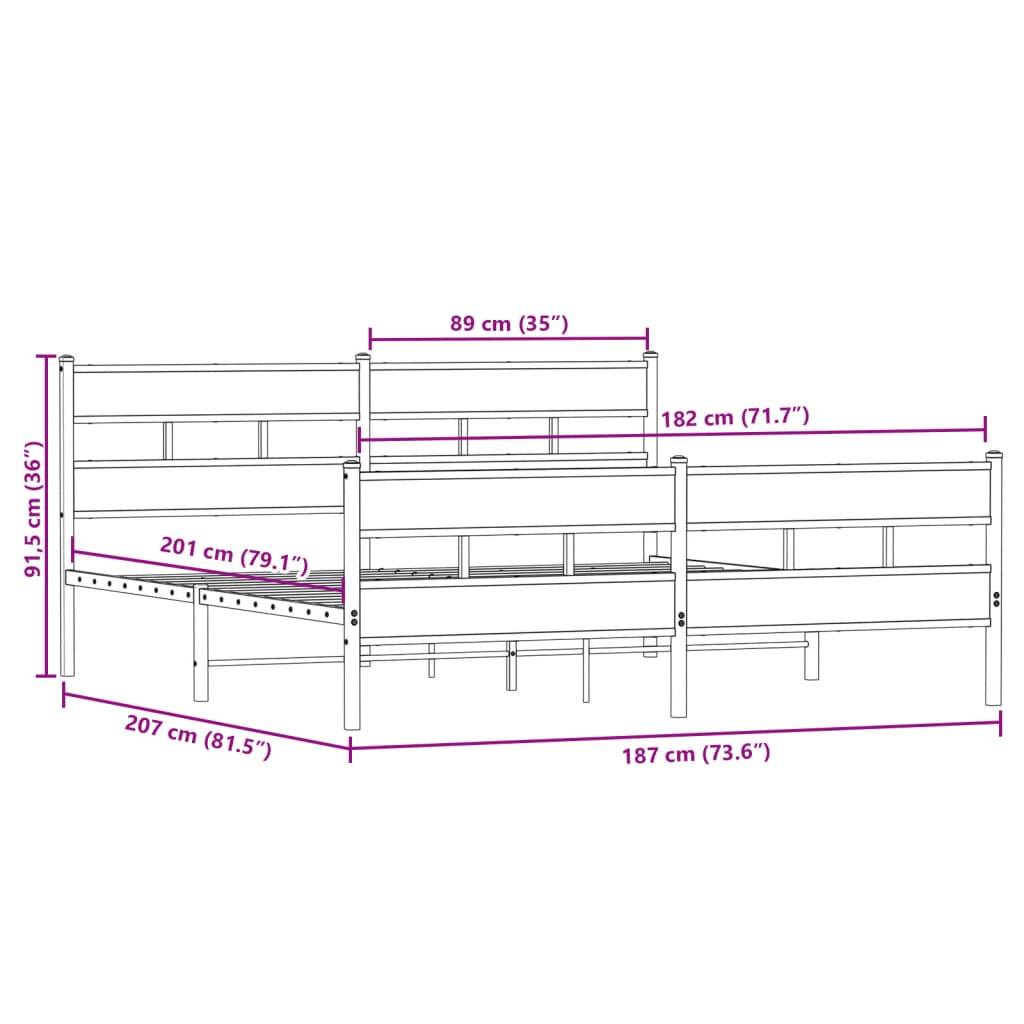 vidaXL Metal Bed Frame without Mattress Smoked Oak 180x200 cm Super King