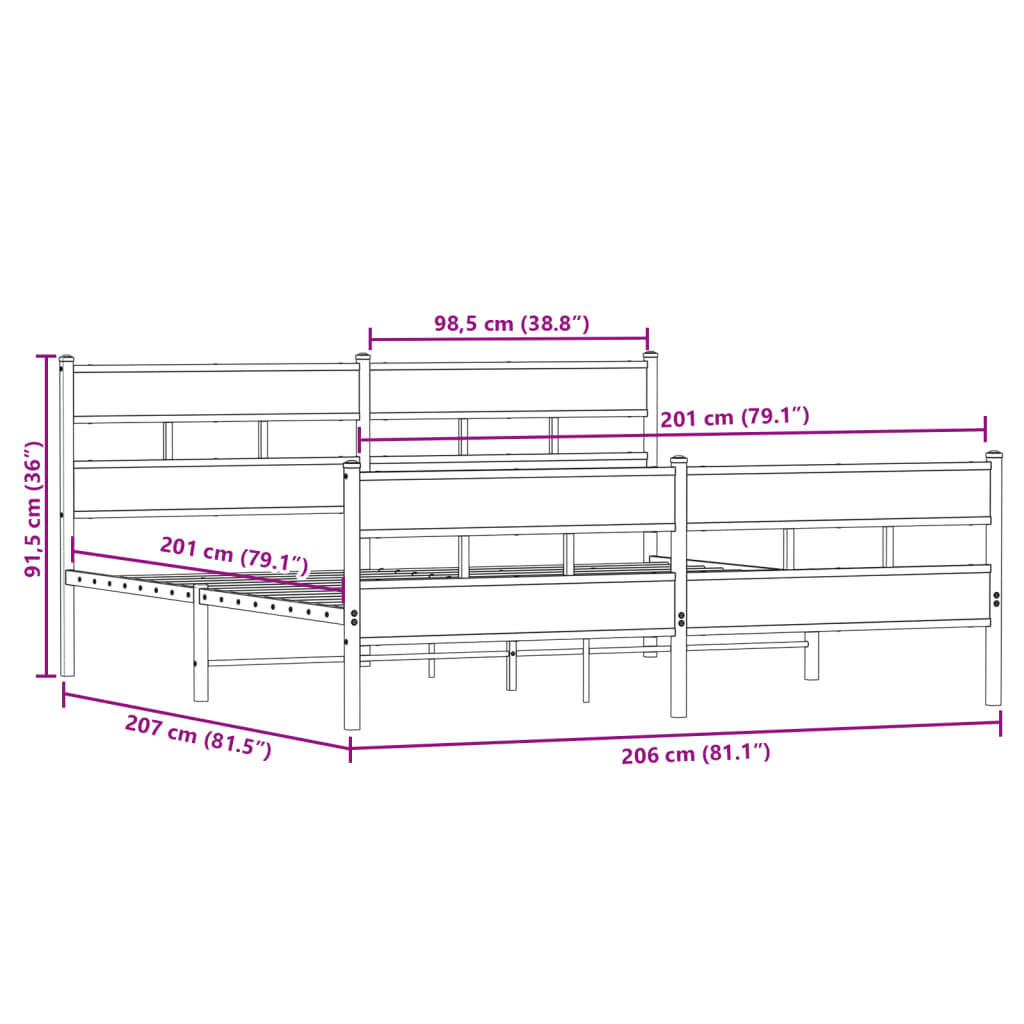 vidaXL Metal Bed Frame without Mattress Smoked Oak 200x200 cm