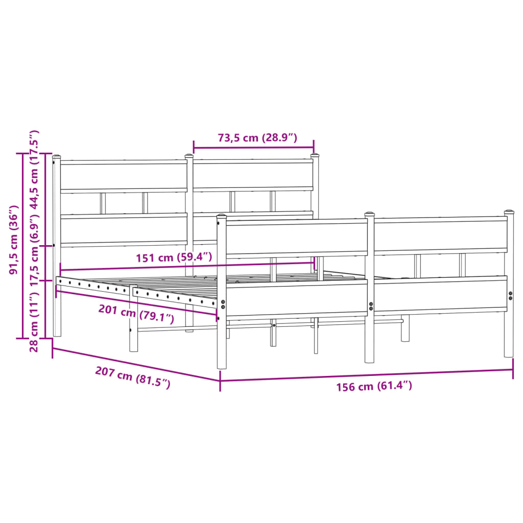 vidaXL Metal Bed Frame without Mattress Brown Oak 150x200 cm
