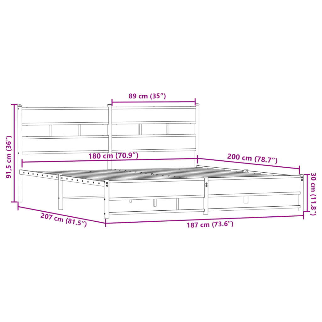 vidaXL Metal Bed Frame without Mattress Smoked Oak 180x200 cm