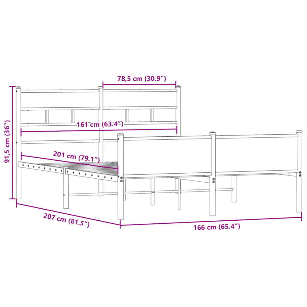 vidaXL Metal Bed Frame without Mattress Smoked Oak 160x200 cm