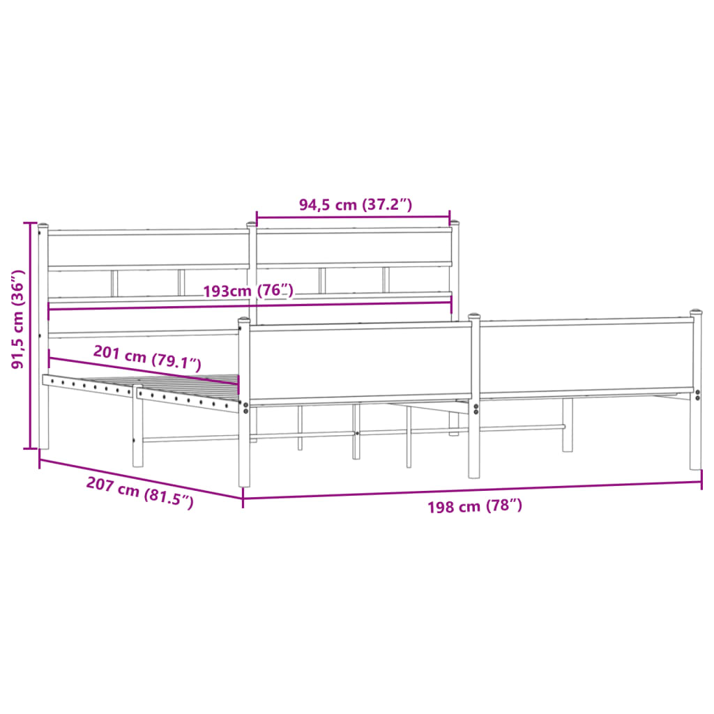 vidaXL Metal Bed Frame without Mattress Smoked Oak 193x203 cm