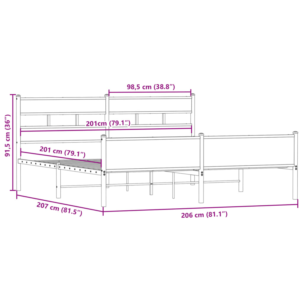vidaXL Metal Bed Frame without Mattress Smoked Oak 200x200 cm