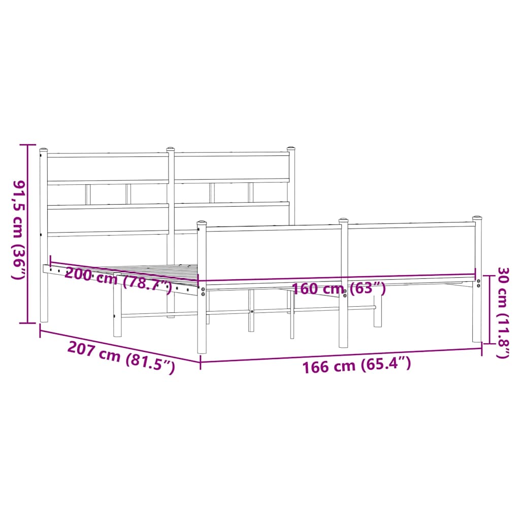 vidaXL Metal Bed Frame without Mattress Brown Oak 160x200 cm