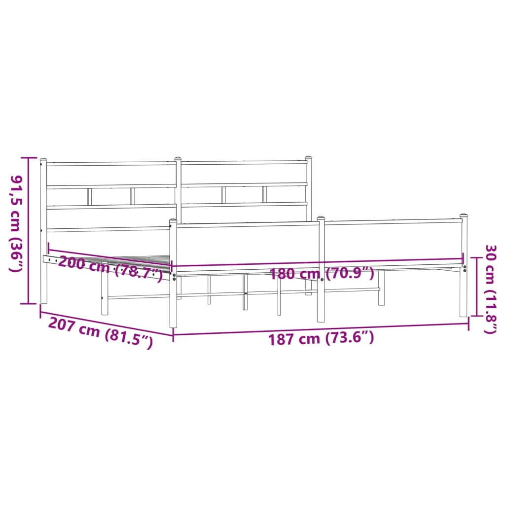 vidaXL Metal Bed Frame without Mattress Brown Oak 180x200 cm
