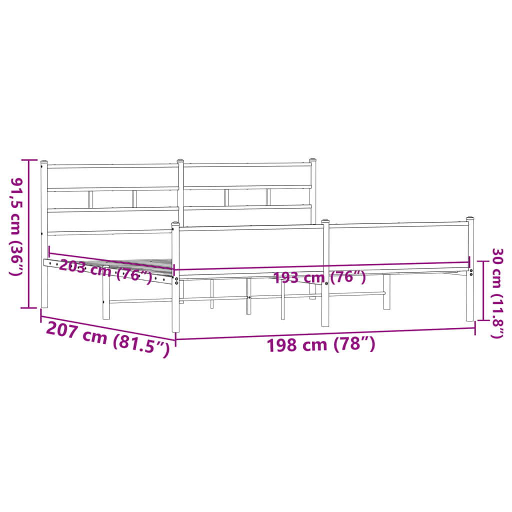 vidaXL Metal Bed Frame without Mattress Brown Oak 193x203 cm