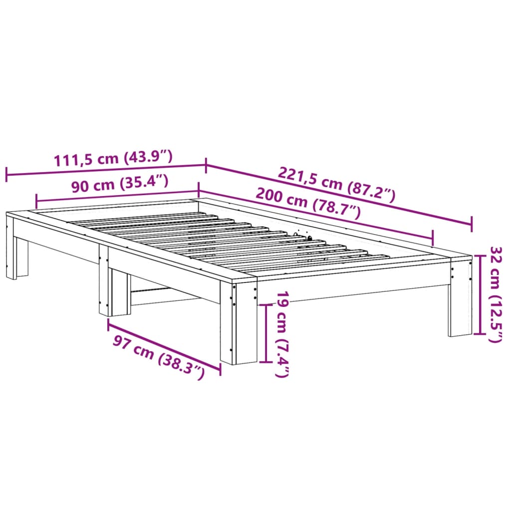 vidaXL Bed Frame without Mattress White 90x200 cm Solid Wood Pine