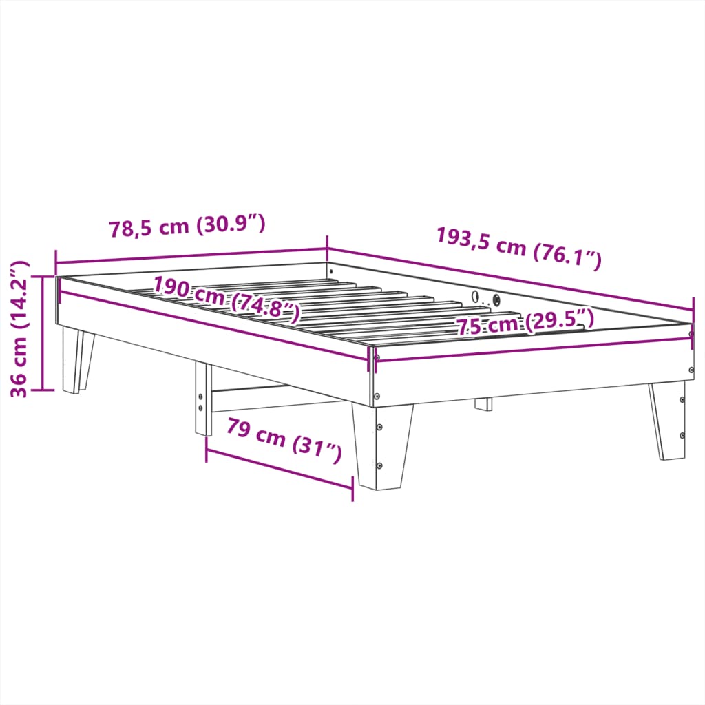 vidaXL Bed Frame without Mattress Wax Brown 75x190 cm Small Single Solid Wood Pine