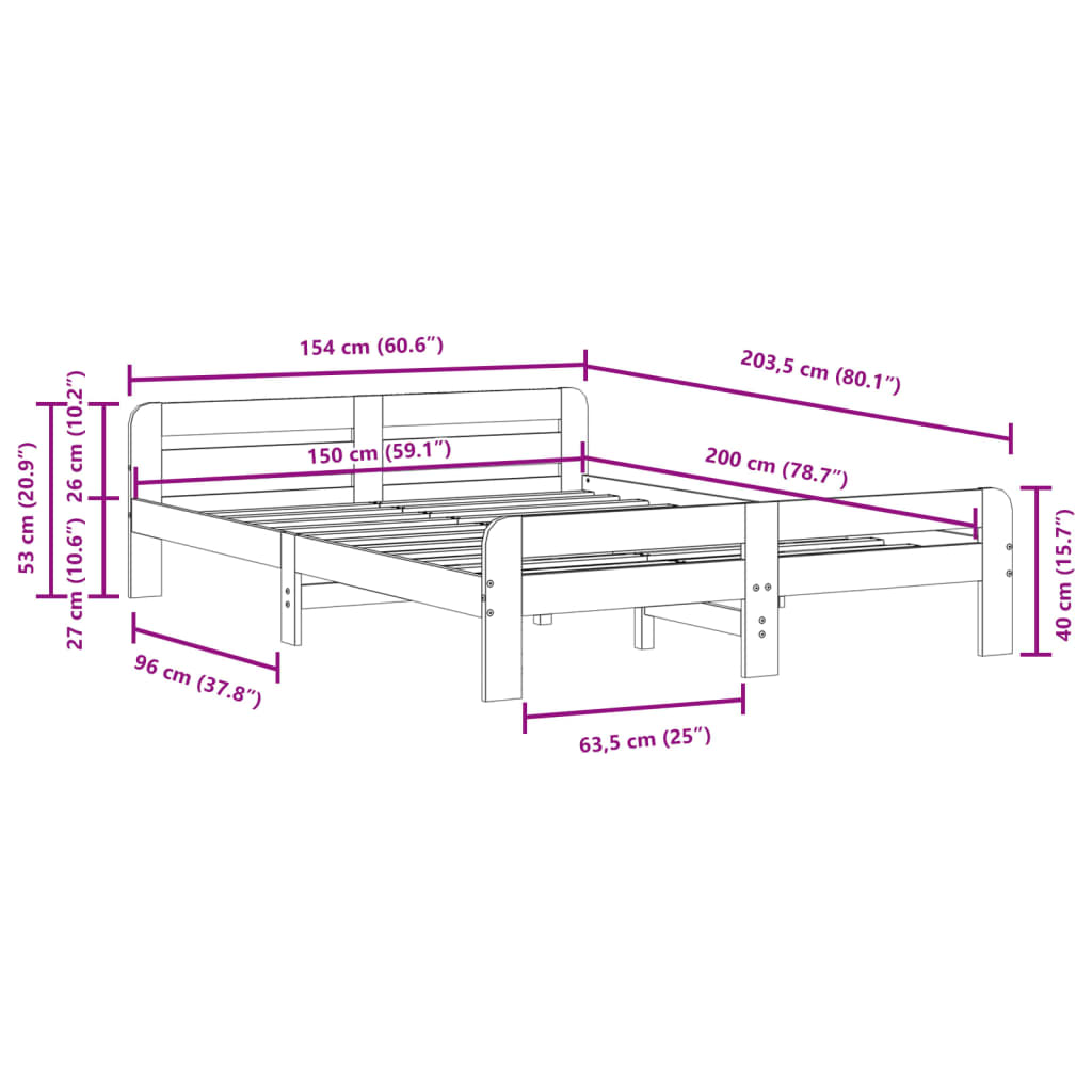 vidaXL Bed Frame without Mattress 150x200 cm King Size Solid Wood Pine