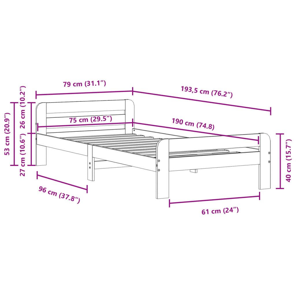 vidaXL Bed Frame without Mattress Wax Brown 75x190 cm Small Single Solid Wood Pine