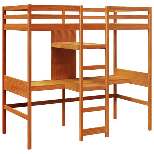 vidaXL Loft Bed Frame with Desk&Shelves Wax Brown 90x200cm