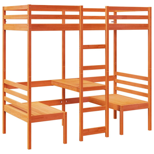 vidaXL Loft Bed Frame with Desk and Chairs Wax Brown 90x200cm Solid Wood Pine