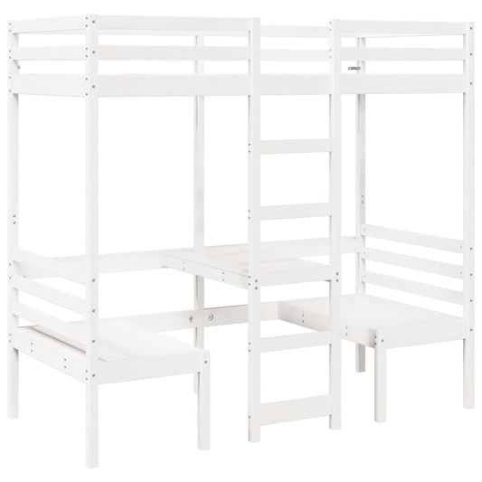 vidaXL Loft Bed Frame with Desk&Chairs White 90x190cm Solid Wood Pine