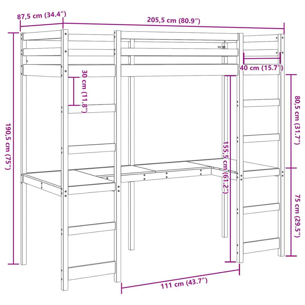 vidaXL Loft Bed Frame without Mattress Wax Brown 80x200 cm Solid Wood Pine