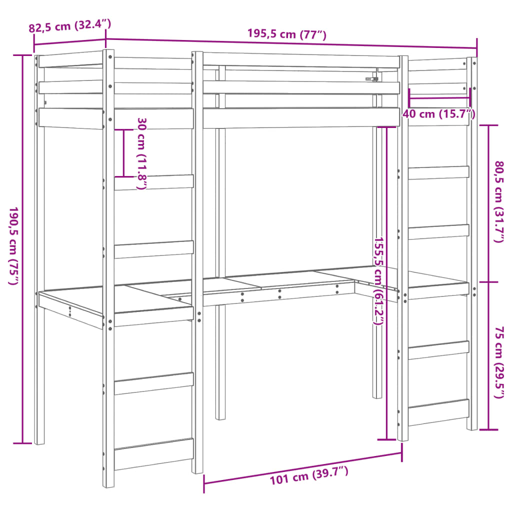 vidaXL Loft Bed Frame without Mattress Wax Brown 75x190 cm