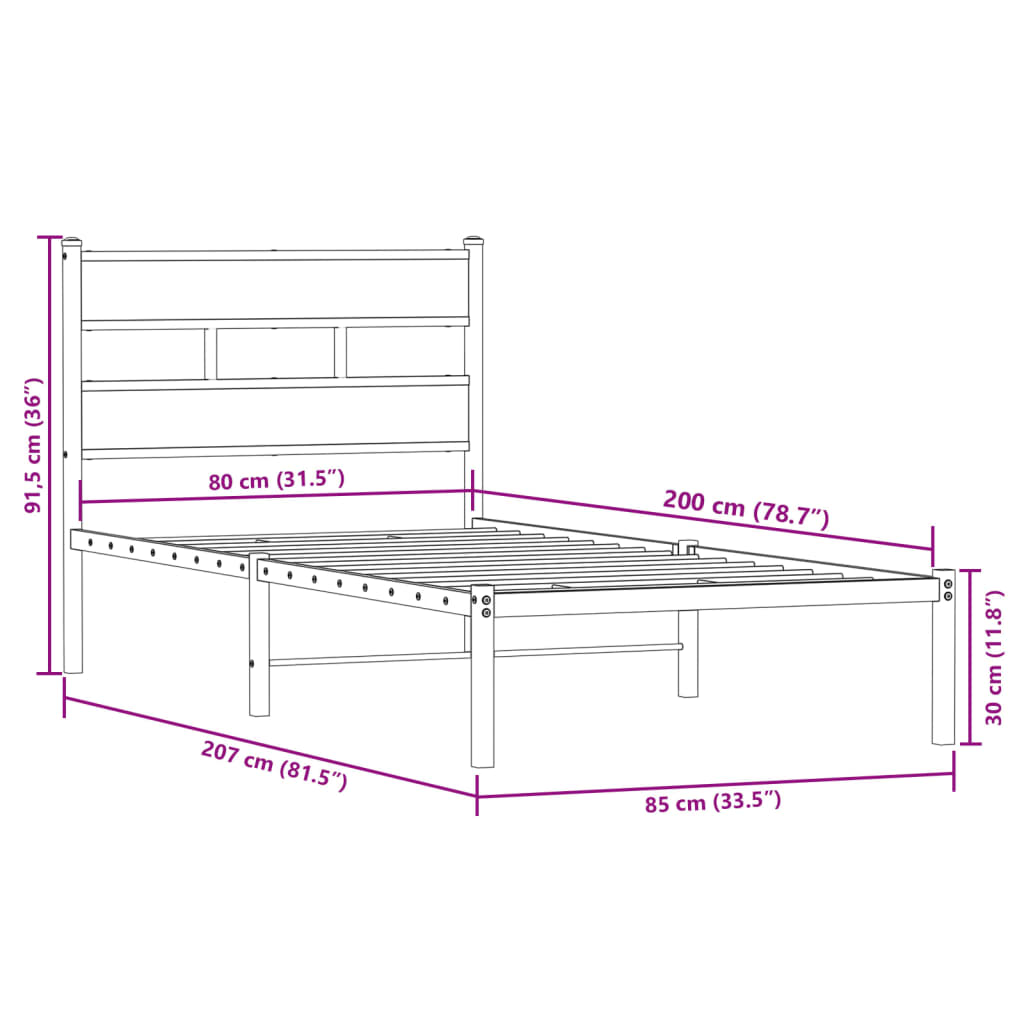 vidaXL Metal Bed Frame without Mattress Smoked Oak 80x200 cm
