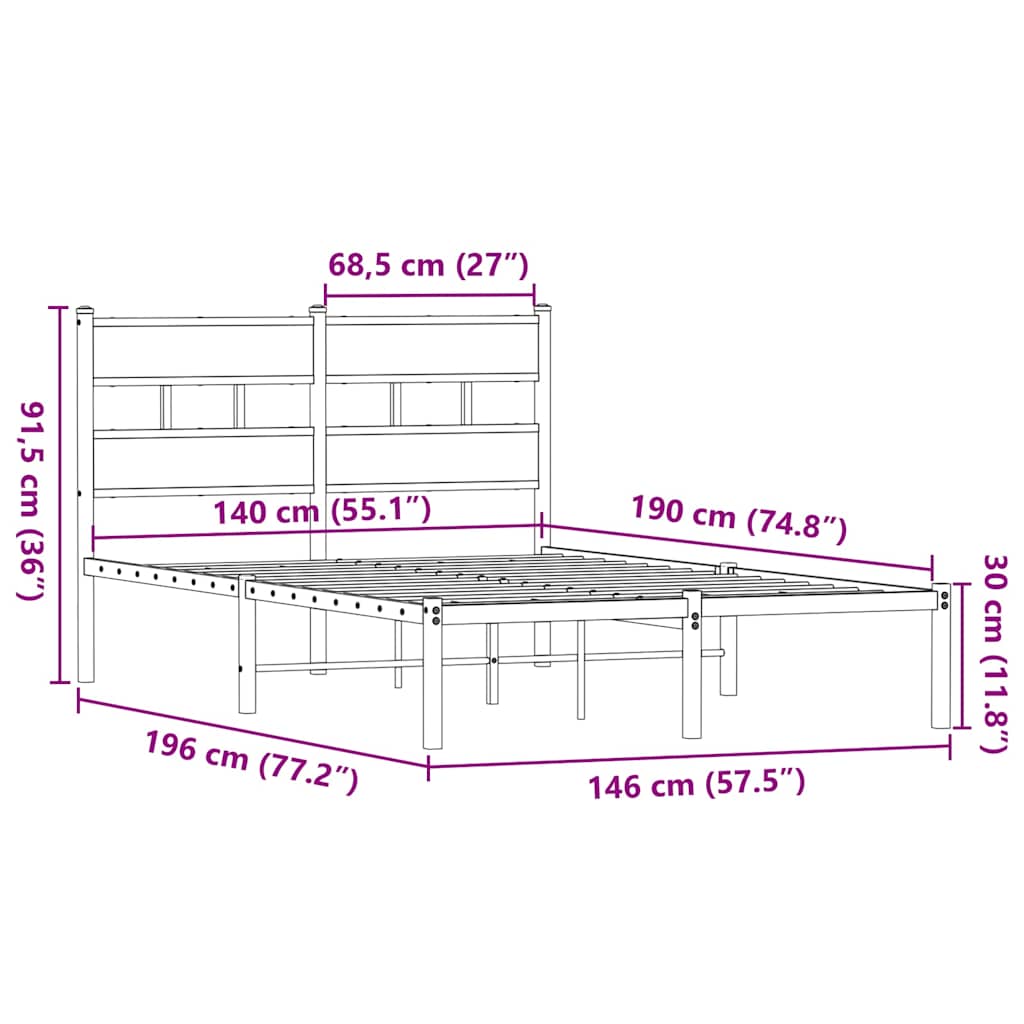vidaXL Metal Bed Frame without Mattress Smoked Oak 140x190 cm
