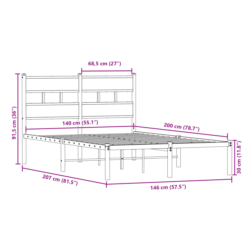 vidaXL Metal Bed Frame without Mattress Smoked Oak 140x200 cm