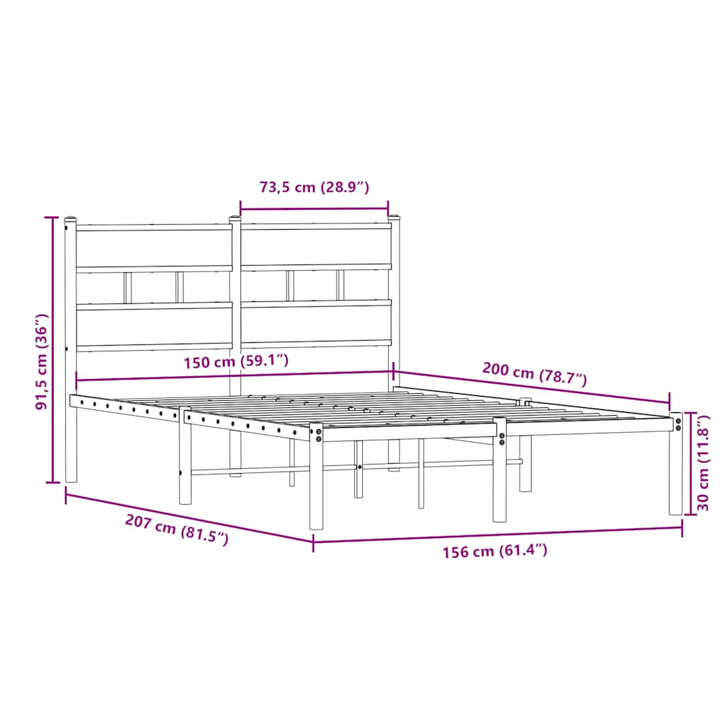 vidaXL Metal Bed Frame without Mattress Smoked Oak 150x200 cm King Size