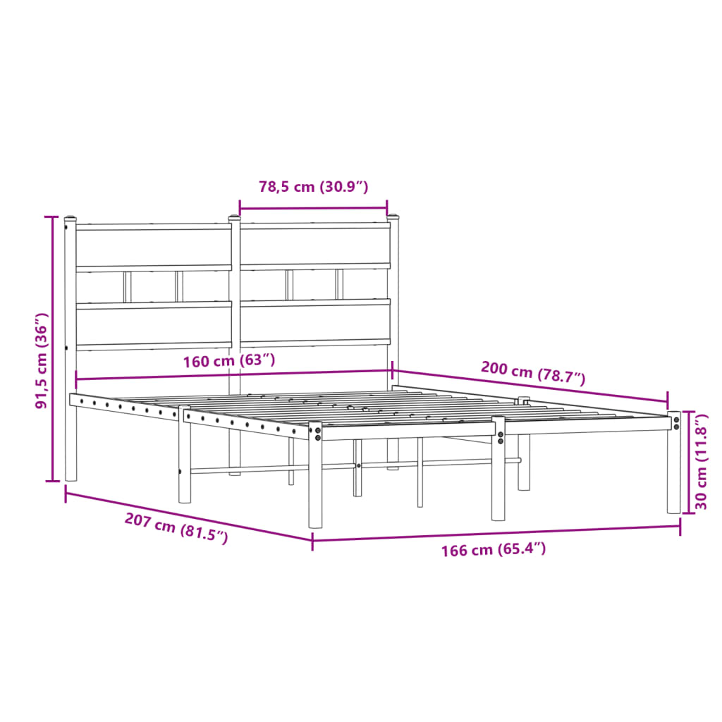 vidaXL Metal Bed Frame without Mattress Smoked Oak 160x200 cm