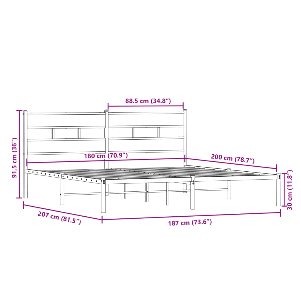 vidaXL Metal Bed Frame without Mattress Smoked Oak 180x200 cm