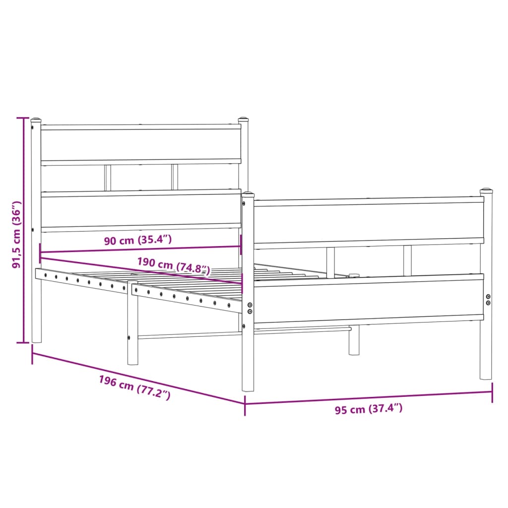 vidaXL Metal Bed Frame without Mattress Smoked Oak 90x190 cm Single