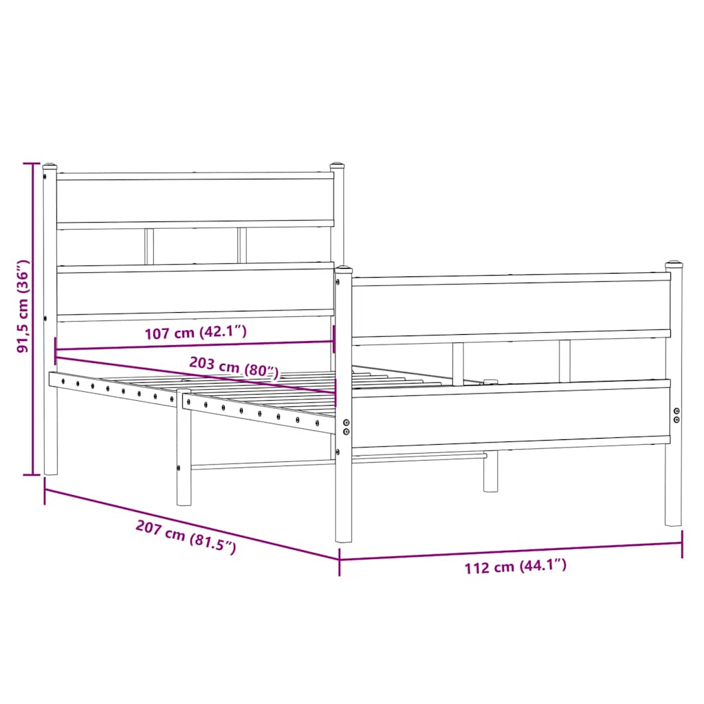vidaXL Metal Bed Frame without Mattress Smoked Oak 107x203 cm