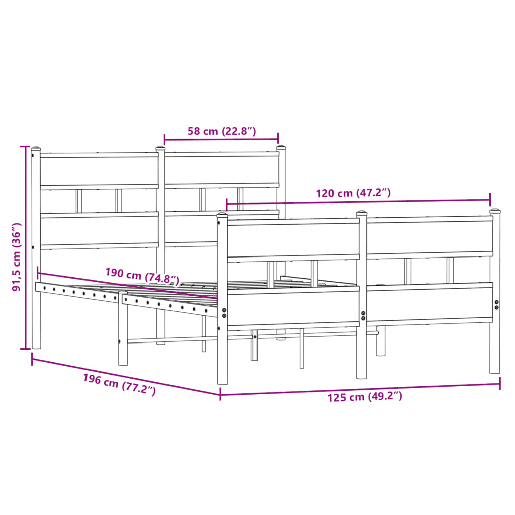 vidaXL Metal Bed Frame without Mattress Smoked Oak 120x190 cm Small Double