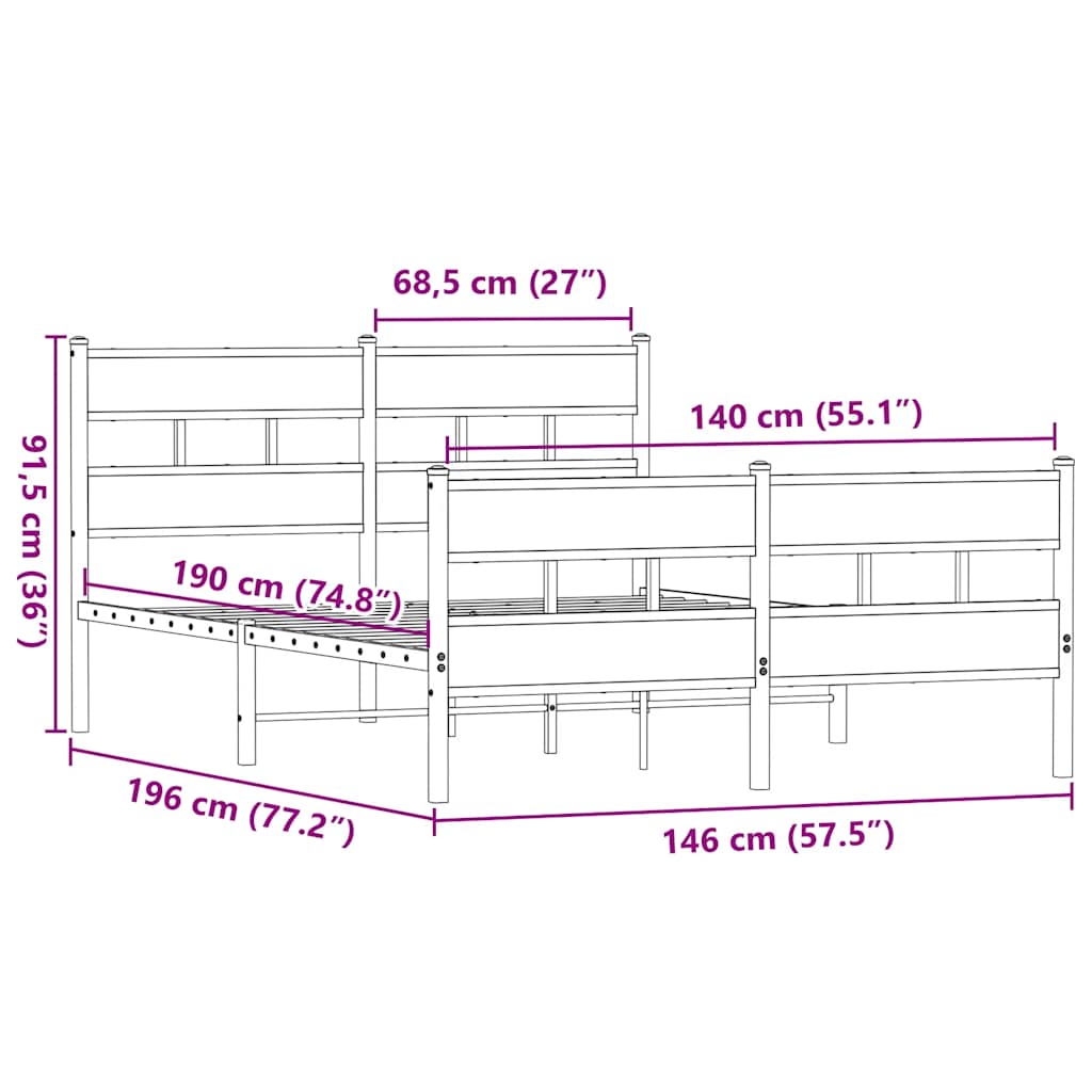 vidaXL Metal Bed Frame without Mattress Smoked Oak 140x190 cm
