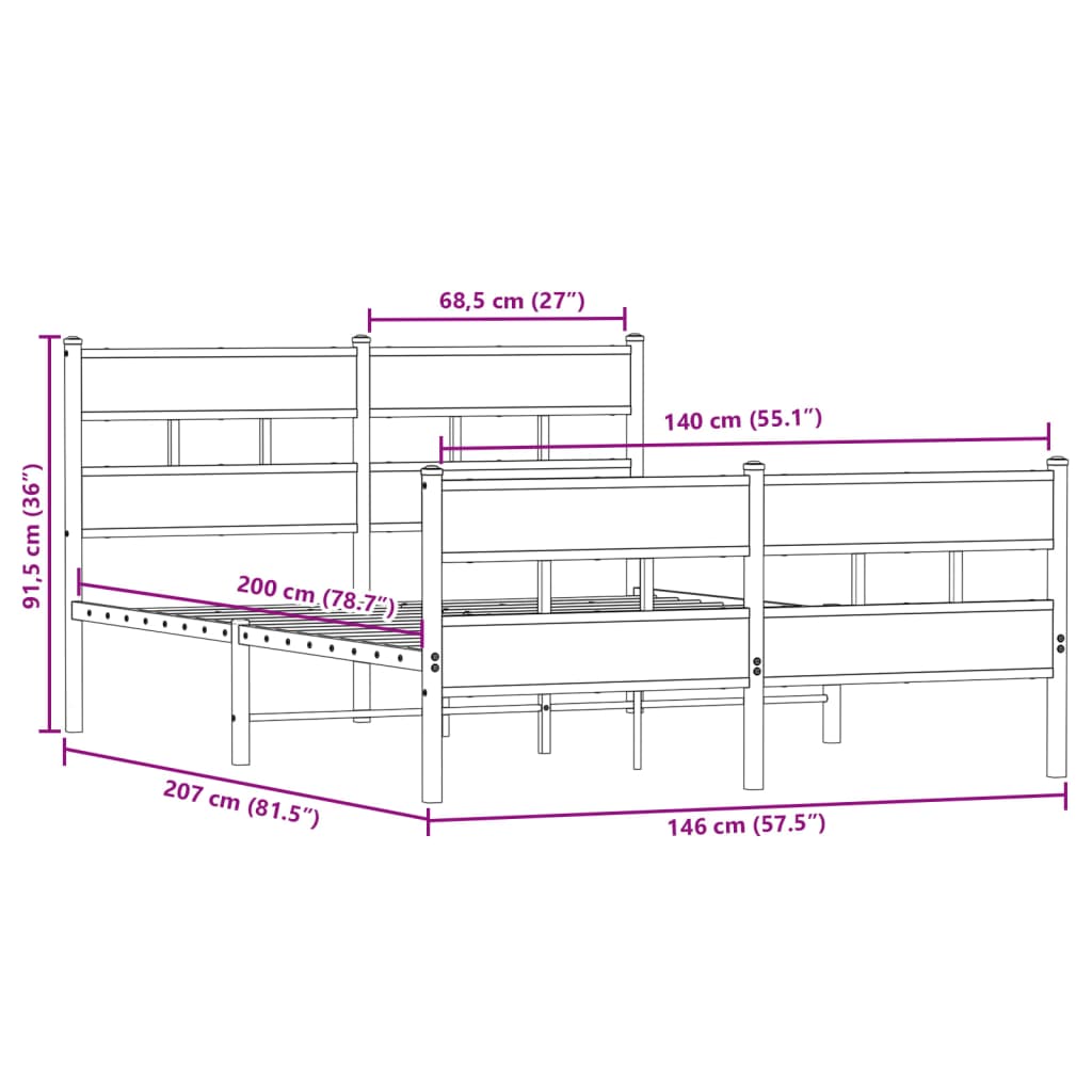 vidaXL Metal Bed Frame without Mattress Smoked Oak 140x200 cm